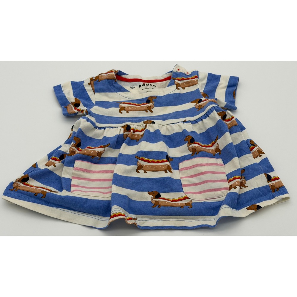 Mini Boden Girls 12-18M Hot Dog Dachshund Blue White Striped Dress
